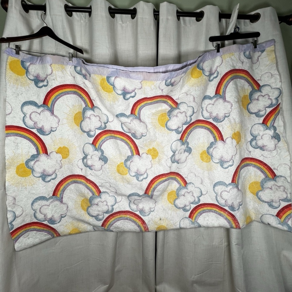 Vintage Rainbow Cloud Sun Fleece Baby Blanket Lavender Satin Trim Retro Nursery